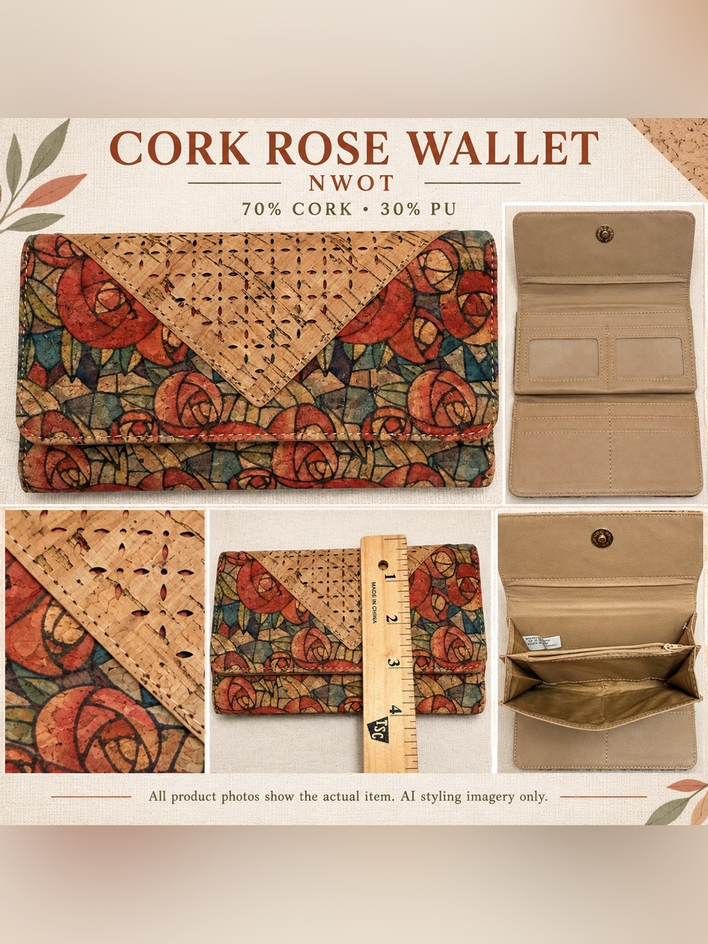 NWOT Cork Wallet Floral Rose Mosaic Envelope Clutch Vegan Organizer Eco friendly